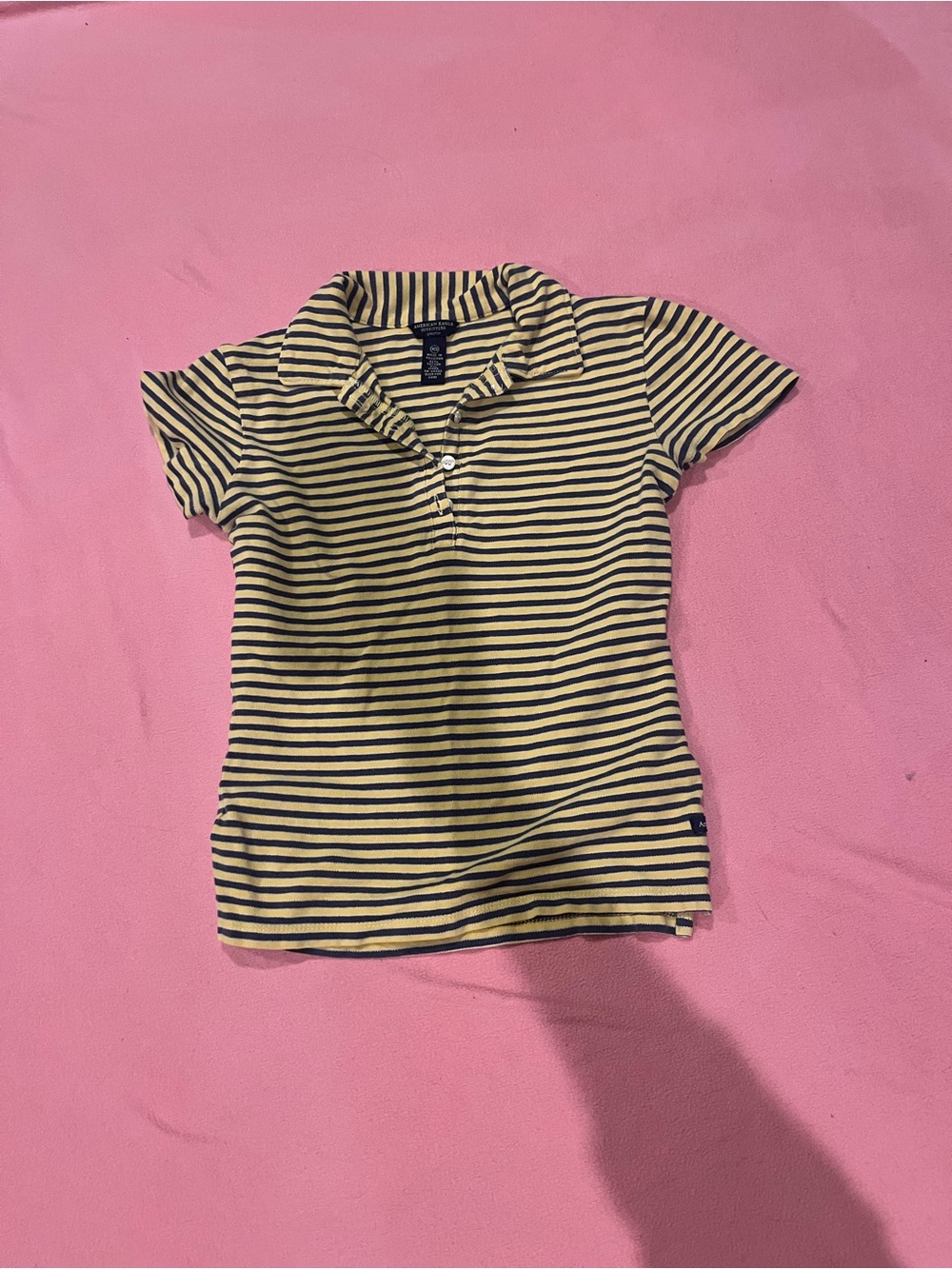 Vintage American Eagle Striped Yellow and Navy Women's Polo Top